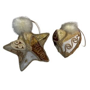 Christmas Ornaments Cream Gold Velvet Embroidered‎ Elegant Fancy Set of 2